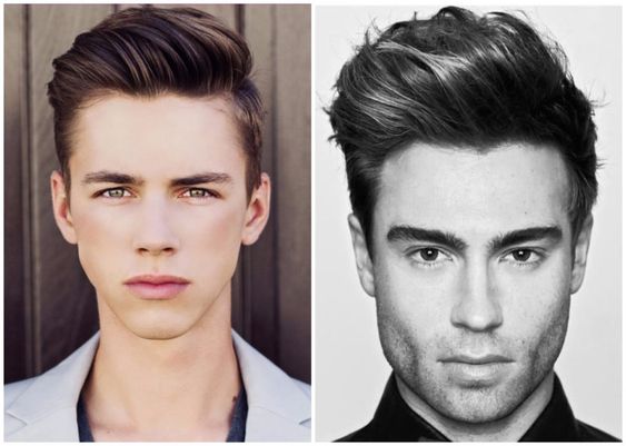 two pictures side by side of men with a long side part hairstyle