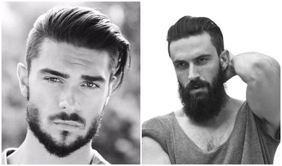 Two pictures of men with the classic slick back haircut side by side